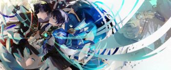 3boys anemo_symbol_(genshin_impact) aqua_gemstone armor arms_at_sides asrhion black_bodysuit black_bow black_hair black_kimono black_shorts black_sleeves blue_cape blue_eyes blue_kimono blunt_ends bodysuit bow bridal_gauntlets cable cape closed_eyes covered_collarbone doll eye_contact eyeliner eyeshadow faceoff feathers gem genshin_impact gold gold_ring hakama hakama_shorts han&#039;eri hand_up highres japanese_armor japanese_clothes jewelry kariginu kimono kote kurokote layered_kimono layered_shorts layered_sleeves looking_at_another makeup mandarin_collar middle_ring mitsudomoe_(shape) multiple_boys multiple_persona neck_ring open_clothes open_hand open_hands open_kimono parted_lips pleated_shorts pom_pom_(clothes) purple_eyes purple_hair purple_rope purple_sash purple_shorts purple_sleeves red_eyeliner red_eyeshadow red_kimono red_sash rope sash scaramouche_(genshin_impact) scaramouche_(kabukimono)_(genshin_impact) shards short_sleeves shorts smile string tassel tomoe_(symbol) turtleneck turtleneck_bodysuit vision_(genshin_impact) wanderer_(genshin_impact) white_kimono white_mouth wind yellow_feathers