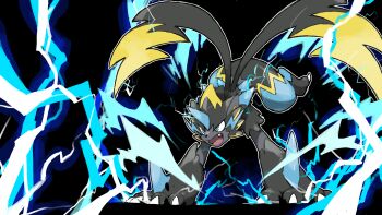 aqua_eyes black_background black_fur blacknirrow claws commentary electricity fangs full_body gen_7_pokemon hands_on_ground highres horns legendary_pokemon mega_zeraora multiple_tails mythical_pokemon nintendo open_mouth outline pokemon pokemon_(creature) pokemon_focus single_horn solo tail v-shaped_eyes white_outline zeraora
