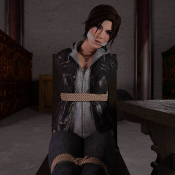 1girl 3d arms_behind_back bdsm bondage bound bound_legs breasts brown_eyes brown_hair chair cleave_gag cloth_gag gag gagged improvised_gag iorel-renders jewelry lara_croft necklace tied_to_chair tomb_raider tomb_raider_(reboot)