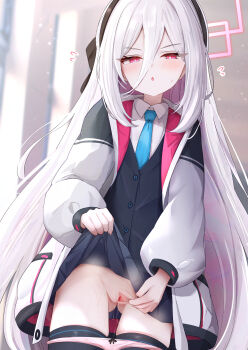 1girl absurdres blue_archive blue_necktie clothes_lift commentary_request flasher_(flasher_ura) hair_between_eyes halo highres jacket kei_(blue_archive) kei_(new_body)_(blue_archive) lifting_own_clothes loli long_hair long_sleeves necktie panties panty_pull pink_panties puffy_long_sleeves puffy_sleeves pussy shirt skirt skirt_lift solo underwear variant_set very_long_hair white_hair white_shirt