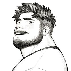 Rule 34 | 1boy, bara, beard stubble, blush, dyzd1, facial hair, from side, greyscale, highres, looking at viewer, male focus, monochrome, mustache, original, pencil mustache, portrait, shirt, short hair, smile, solo, stubble, t-shirt, thick eyebrows