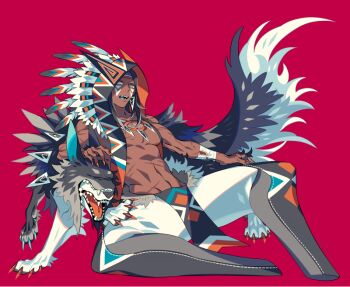 1boy animal brown_eyes commentary_request dark-skinned_male dark_skin dreamcatcher edarow fangs fingernails full_body grey_hair headdress looking_at_viewer male_focus medium_hair native_american native_american_headdress original red_background scar scar_on_arm scar_on_stomach sharp_fingernails simple_background sitting wolf
