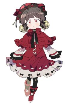 1girl :o accurate_lolita_coord bad_id bad_twitter_id bell black_pantyhose blush boots brown_hair capelet child classic_lolita full_body hair_bell hair_ornament hat inactive_account jingle_bell laetitia_(project_moon) lobotomy_corporation lolita_fashion long_sleeves looking_at_viewer nana_(ebitokanimiso) painttool_sai_(medium) pantyhose project_moon red_boots red_capelet red_eyes red_hat red_skirt shirt short_hair simple_background skirt solo standing tachi-e white_background white_shirt wide-eyed