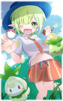 1girl alternate_costume aoi_(princess_connect!) blue_hat blush chokomin day gen_4_pokemon gen_5_pokemon grass green_eyes green_hair hair_over_one_eye hat highres naranja_academy_school_uniform navel necktie nintendo open_mouth orange_necktie orange_shorts outdoors petilil pointy_ears poke_ball pokemon pokemon_(creature) pokemon_sv princess_connect! rotom rotom_phone school_uniform shirt short_hair short_sleeves shorts sky smoliv solo white_shirt