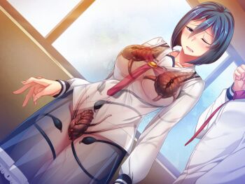 1boy 1girl arm_at_side beetle blue_eyes blue_hair blue_skirt blush breasts bug clenched_hand collarbone day dutch_angle game_cg hair_between_eyes hetero indoors insect large_breasts large_variant_set living_clothes long_sleeves mizushima_aoi mole nana_g necktie non-web_source nose_blush official_art one_eye_closed open_mouth out_of_frame pussy_juice red_necktie sailor_element school_uniform see-through_clothes see-through_silhouette serafuku shirt short_hair skirt solo_focus standing tears teeth transparent variant_set white_shirt wince window x-ray