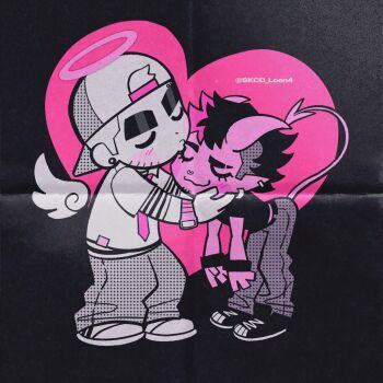 Rule 34 | 2boys, :3, angel and devil, angel wings, backwards hat, baseball cap, black background, blush, closed eyes, collared shirt, demon tail, earrings, eyelashes, facial hair, goatee, halo, hashtag-only commentary, hat, heart, horns, jewelry, kiss, male focus, multiple boys, necktie, original, pants, piercing, shirt, shoes, short sleeves, skcd loen, sneakers, standing, t-shirt, tail, thick eyebrows, twitter username, undercut, watch, wings, wristband, wristwatch, yaoi