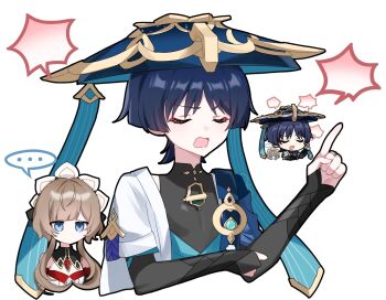 ... 1boy 1girl aqua_gemstone armor bare_shoulders black_bodysuit black_bridal_gauntlets black_collar black_hair black_sleeves blank_speech_bubble blue_cape blue_eyes blue_hat blue_kimono blue_sleeves blunt_ends bodysuit bridal_gauntlets brown_hair cape chibi chibi_inset closed_eyes collar commentary_request cropped_torso derivative_work detached_collar detached_sleeves dress eyeliner eyeshadow facing_to_the_side frilled_sleeves frills gem genshin_impact gold gold_ring hand_up hat highres index_finger_raised japanese_armor japanese_clothes jingasa jitome juban kimono kote kurokote layered_sleeves long_sidelocks looking_at_another makeup mandarin_collar middle_ring no_mouth open_clothes open_kimono open_mouth pom_pom_(clothes) purple_rope raised_eyebrow red_eyeliner red_eyeshadow reference_inset rope sandrone_(genshin_impact) scaramouche_(genshin_impact) short_hair short_hair_with_long_locks short_sleeves shoulder_peek sidelocks speech_bubble spoken_ellipsis takura_0103 vision_(genshin_impact) wanderer_(genshin_impact) white_background white_dress white_headdress white_kimono white_sleeves wispy_bangs
