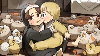 2girls aged_down baby_animal barefoot bib bird biting biting_cheek blonde_hair blue_eyes brown_eyes brown_hair chicken clumsy_nun_(diva) commentary diva_(hyxpk) duck duckling egg english_commentary highres hungry_nun_(diva) little_nuns_(diva) multiple_girls nun socks traditional_nun yellow_socks