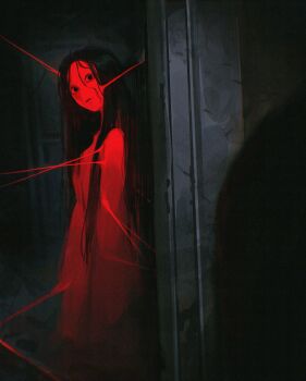 1girl 1other absurdres black_hair closed_mouth dark door doorway dress ghost highres horror_(theme) indoors k_hottok long_hair looking_at_another messy_hair original