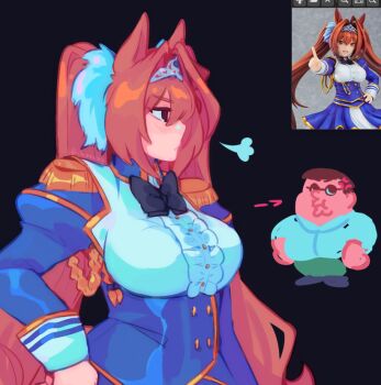 1boy 1girl anger_vein animal_ears artist_name black_shoes blue_corset bow bowtie breasts brown_hair brown_pants corset daiwa_scarlet_(peak_blue)_(umamusume) daiwa_scarlet_(umamusume) epaulettes family_guy glasses hair_between_eyes horse_ears horse_girl horse_tail large_breasts long_hair long_sleeves pants peter_griffin photo-referenced photo_inset plump puff_of_air purple_bow purple_bowtie shirt shoes short_hair solo_focus tail thiharess twintails umamusume very_long_hair white_shirt