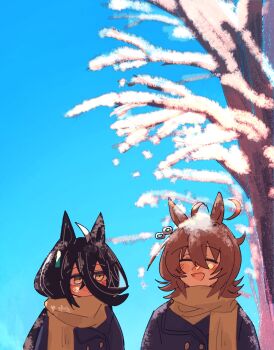 Rule 34 | 2girls, agnes tachyon (umamusume), ahoge, animal ears, black hair, blue coat, blue sky, blush, brown hair, brown scarf, chemical structure, closed mouth, coat, commentary request, ear tag, earrings, enpera, gachitamago, hair between eyes, highres, horse ears, horse girl, jewelry, long bangs, long hair, long hair between eyes, long sleeves, manhattan cafe (umamusume), medium hair, multicolored hair, multiple girls, open mouth, outdoors, scarf, single earring, sky, smile, snow, tracen winter coat, tree, umamusume, upper body, very long hair, white hair, winter clothes, winter coat, winter uniform, yellow eyes