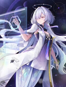 1girl breasts colored_eyelashes commentary dress earrings grey_hair hair_ornament hair_over_one_eye halo hand_up highres holographic_interface id_card jacket jewelry long_hair mornye_(wuthering_waves) purple_dress red_eyes see-through_body small_breasts solo triangle_earrings white_jacket wuthering_waves yuheng-art