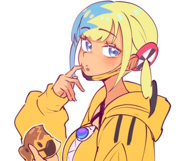 1girl bandeau blue_eyes bread canari_(pokemon) commentary eating eyelashes finger_sucking food from_side holding holding_food hood hood_down hooded_jacket jacket long_sleeves looking_to_the_side mask mask_pull mouth_mask multicolored_hair nintendo pokemon pokemon_legends:_z-a sher_(imnotsher) simple_background solo twintails upper_body white_background yellow_bandeau yellow_jacket zipper zipper_pull_tab