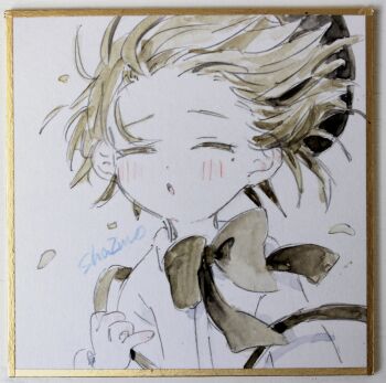 Rule 34 | 1girl, absurdres, beret, black bow, black hat, blush, bow, brown hair, closed eyes, collared shirt, commentary request, dress shirt, facing viewer, flower, hair flower, hair ornament, hand up, hat, hatoba tsugu, highres, parted lips, photo (medium), sha2mo, shikishi, shirt, signature, solo, suspenders, traditional media, tsugu (vtuber), virtual youtuber, white flower, white shirt