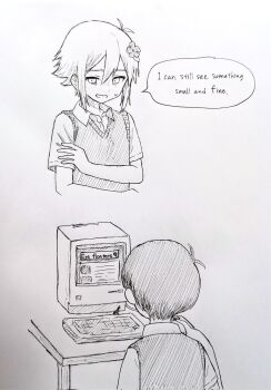 2boys antenna_hair basil_(faraway)_(omori) basil_(omori) collared_shirt computer computer_keyboard computer_mouse english_text flower greyscale hair_flower hair_ornament highres male_focus mimn_(kdjgxrt1xt69701) monitor monochrome multiple_boys omori open_mouth shirt short_hair short_sleeves speech_bubble sunny_(omori) sweatdrop sweater_vest traditional_media