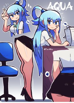 1girl aqua_(konosuba) ass ass_focus blue_eyes blue_hair breasts chair heart highres kono_subarashii_sekai_ni_shukufuku_wo! large_breasts legs long_hair office_chair office_lady paperwork skirt swivel_chair tony_welt