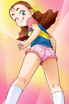 1girl back blue_eyes blue_shirt blush bow brown_hair eyelashes female_focus from_behind hair_ornament haruno_kirara haruyama_kazunori looking_back multicolored_background one_eye_closed panties panty_peek pink_shorts pink_sleeves pocket ponytail presenting shirt short_sleeves shorts smile socks solo source_request standing striped_clothes striped_shirt tongue tongue_out underwear upshorts white_panties white_socks wink yellow_bow yellow_stripe zettai_muteki_raijin-oh