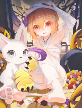 1girl bandages bare_shoulders barefoot blue_eyes brown_eyes brown_hair candy cat commission daxieshen_huashi digimon digimon_(creature) digimon_adventure food full_body full_moon halloween loli moon night tailmon yagami_hikari