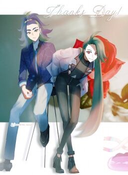 Rule 34 | 1boy, 1girl, absurdres, adaman (palentine's 2026) (pokemon), adaman (pokemon), ahoge, androgynous, blue hair, blue jacket, blue necktie, commentary request, eyebrow cut, gen 2 pokemon, gen 6 pokemon, green hair, grey jacket, hand on own hip, high heels, highres, holding, holding poke ball, jacket, kureiro natsuhi, long hair, looking at viewer, multicolored hair, necktie, nintendo, official alternate costume, out of frame, poke ball, poke ball (basic), pokemon, pokemon masters ex, quagsire, red eyes, rika (palentine's 2026) (pokemon), rika (pokemon), sylveon, tail, two-tone hair, very long hair