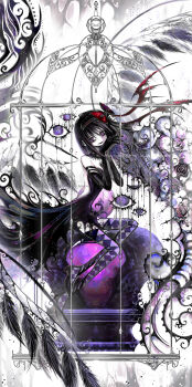 1girl 21misu absurdres akemi_homura akuma_homura artist_name bare_shoulders birdcage black_collar black_dress black_gloves black_hair boots bow bow_hairband cage collar commentary detached_collar dress elbow_gloves full_body gloves hairband high_heel_boots high_heels highres jewelry long_hair looking_at_viewer mahou_shoujo_madoka_magica mahou_shoujo_madoka_magica:_hangyaku_no_monogatari open_mouth purple_eyes red_bow sitting smile solo strapless strapless_dress thigh_boots watermark