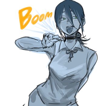 1girl chainsaw_man choker commentary_request english_text green_eyes hair_between_eyes highres looking_to_the_side reze_(chainsaw_man) simple_background sketch sleeveless solo solo_focus tongue tongue_out yoshiyamada_gumi