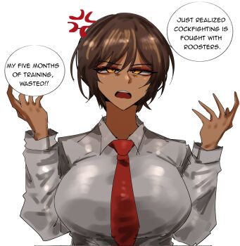 1girl anger_vein arczaeon arms_up breasts brown_hair collared_shirt commentary dark-skinned_female dark_skin english_commentary english_text highres large_breasts long_sleeves meme necktie open_mouth orange_eyes outis_(project_moon) red_necktie shirt short_hair solo speech_bubble teeth upper_teeth_only white_shirt