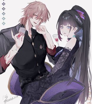 1boy 1girl acerola_2539 arm_tattoo belt black_dress black_hair black_shirt blonde_hair blue_eyes blue_hair braid collared_shirt commentary_request cup dress drinking_glass floral_print high_ponytail highres holding holding_cup honkai:_star_rail honkai_(series) hysilens_(honkai:_star_rail) long_hair looking_at_viewer multicolored_hair mydei_(honkai:_star_rail) official_alternate_costume official_alternate_hairstyle ponytail red_tattoo shirt side_braid sitting tattoo twitter_username two-tone_hair very_long_hair wine_glass yellow_eyes
