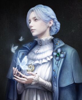 1girl blue_butterfly blue_coat blue_eyes blue_hair braid brooch bug butterfly coat commentary dark_background dress earrings english_commentary insect jewelry kem2064 lies_of_p long_sleeves open_clothes open_coat sleeves_past_wrists solo sophia_monad stud_earrings upper_body white_dress