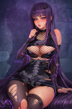 1girl absurdly_long_hair alternate_breast_size_(larger) alternate_costume arm_support asymmetrical_legwear black_bra black_dress black_gloves black_pantyhose black_thighhighs blunt_bangs bone_print bra breasts collarbone commentary cowboy_shot cross cross_earrings dress earrings elbow_gloves english_commentary eyelashes eyeshadow fern_(sousou_no_frieren) fishnet_leotard fishnets gloves goth_fashion hair_ornament hairclip highres jewelry large_breasts leotard long_hair looking_down magic makeup mismatched_legwear mole mole_on_thigh pantyhose patreon_username prywinko purple_eyes purple_eyeshadow purple_hair purple_nails purple_pupils skindentation solo sousou_no_frieren teardrop_facial_mark thighhighs thighs torn_clothes torn_dress torn_pantyhose torn_thighhighs underwear very_long_hair