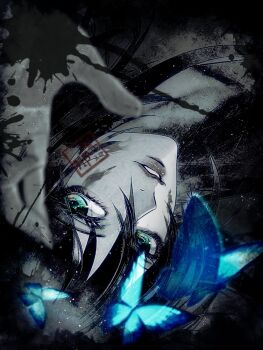 1girl black_hair blue_butterfly blue_eyes bug butterfly commentary_request ena_(hui_jia) eyelashes greyscale highres insect light_smile looking_at_viewer monochrome original parted_lips solo splatter spot_color upside-down