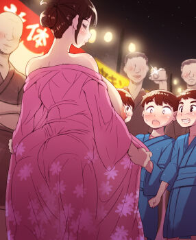 1girl 6+boys abubu back bald blush breasts brown_eyes brown_hair camera closed_eyes exhibitionism faceless faceless_male flashing floral_print grin highres japanese_clothes kimono lantern large_areolae large_breasts mature_female multiple_boys night nipples open_clothes open_kimono original public_indecency sash shota smile sweatdrop yukata