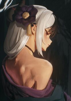 1girl absurdres art_study back black_background black_choker black_flower black_hair black_horns black_kimono blue_archive choker collarbone commentary demon_horns earclip english_commentary flower from_behind grey_halo hair_flower hair_ornament halo highres horns japanese_clothes kayoko_(blue_archive) kayoko_(new_year)_(blue_archive) kimono kimono_partially_removed long_hair mole mole_on_collarbone multicolored_hair nape official_alternate_costume profile red_eyes rifu002 single_bare_shoulder solo two-tone_hair white_hair