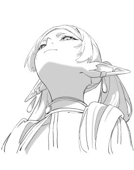 1girl anno_masato capelet commentary_request cropped_shoulders earrings elf frieren greyscale hair_over_shoulder head_back highres jewelry long_pointy_ears looking_up meme monochrome parted_bangs pointy_ears simple_background solo sousou_no_frieren teardrop_earrings thick_eyebrows twintails upper_body upward_angle_frieren_drawing_(meme) white_background