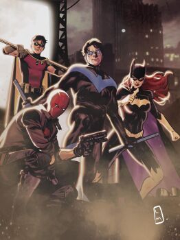 1girl barbara_gordon bat_signal batgirl batman_(series) batman_symbol belt black_bodysuit black_gloves black_hair bodysuit boots breasts brown_jacket cape cowl dc_comics dick_grayson domino_mask dual_wielding eye_mask gloves green_gloves grey_bodysuit gun highres holding jacket jason_todd lucas_meyer mask multicolored_bodysuit multiple_boys muscular muscular_male nightwing open_clothes pants red_hood_(dc) red_mask robin_(dc) short_hair smile spandex superhero_costume taut_bodysuit tim_drake two-tone_bodysuit utility_belt weapon western_comics_(style) yellow_cape