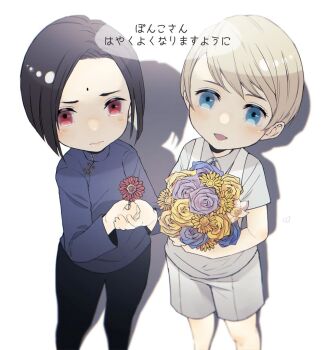 2boys aged_down bindi black_hair blonde_hair blue_eyes blunt_ends blush bouquet child chinese_clothes closed_mouth eyelashes final_fantasy final_fantasy_vii final_fantasy_vii_remake flower holding holding_bouquet holding_flower japanese_text legs looking_at_viewer male_focus multiple_boys ojkuroneko open_mouth red_eyes rufus_shinra shadow shiny_skin short_hair shorts signature simple_background square_enix standing tseng white_background