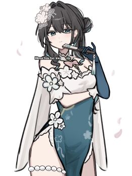 Rule 34 | 1girl, aqua eyes, brown hair, commentary request, dress, fishnet veil, floral print, flower, gloves, hair flower, hair ornament, hand fan, haruo (haruooimo), honkai: star rail, honkai (series), light smile, multicolored hair, off shoulder, official alternate costume, ruan mei (honkai: star rail), ruan mei (plumblossom letter) (honkai: star rail), simple background, streaked hair, thigh strap, two-tone dress