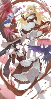 Rule 34 | 2girls, absurdres, alice (genshin impact), alternate costume, apron, barbeloth (genshin impact), black hair, blonde hair, brown dress, brown hat, commentary request, dodoco (genshin impact), dress, elmo (st elmomomo), eyepatch, fischl (genshin impact), fishnet gloves, fishnets, genshin impact, gloves, green eyes, grey thighhighs, hands up, hat, highres, long hair, looking at viewer, mona (genshin impact), multiple girls, nicole reeyn, parted lips, striped clothes, striped thighhighs, thighhighs, twintails, two side up, valentine, vertical-striped clothes, very long hair, white apron, witch hat