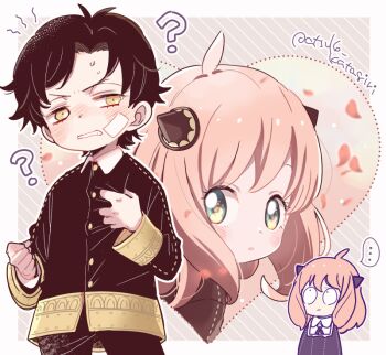 ... 1boy 1girl ? ahoge antenna_hair anya_(spy_x_family) bandaid bandaid_on_cheek bandaid_on_face black_dress black_hair black_jacket black_pants blush buttons child commentary_request constricted_pupils damian_desmond dress eden_academy_school_uniform green_eyes hairpods heart imagining jacket katagiri_atsuko long_sleeves pants parted_lips pink_hair school_uniform short_hair spoken_ellipsis spy_x_family sweatdrop tareme twitter_username