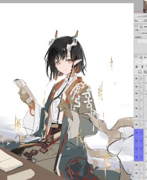 Rule 34 | 1girl, arknights, arm tattoo, art program in frame, black hair, brown skirt, chenmu sora, colored extremities, dragon girl, dragon horns, earrings, green jacket, grey eyes, highres, horns, jacket, jewelry, jie (arknights), open clothes, open jacket, pointy ears, shirt, short hair, sitting, sketch, skirt, smile, solo, tassel, tassel earrings, tattoo, white shirt