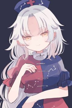 1girl big_dipper blue_dress blue_hat cassiopeia_(constellation) closed_mouth commentary constellation_print cross dress grey_background hat hiyuu_(hiyualice) long_hair looking_at_viewer nurse_cap parted_bangs puffy_short_sleeves puffy_sleeves red_cross red_dress short_sleeves smile solo touhou two-tone_dress upper_body white_hair yagokoro_eirin yellow_eyes