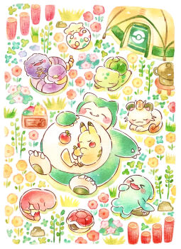 >_< absurdres berry_(pokemon) bulbasaur charmander cheri_berry claws commentary_request ekans fangs fire flame-tipped_tail gen_1_pokemon gen_2_pokemon highres kettle koffing meowth nintendo no_humans pikachu pokemon pokemon_(creature) pokemon_sleep sitrus_berry sleeping snorlax squirtle tail tent togepi turtle_shell wobbuffet yukichi_0611