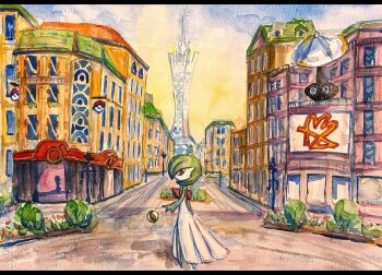 1girl arm_at_side blue_sky bob_cut bush city colored_skin day female_focus from_side full_body gardevoir gen_3_pokemon gradient_sky green_hair green_skin in-universe_location keishi_(pixiv_1245064) letterboxed looking_at_viewer mega_stone multicolored_skin nintendo no_feet outdoors painting_(medium) poke_ball_symbol pokemon pokemon_(creature) pokemon_center pokemon_legends:_z-a prism_tower profile red_eyes satellite_dish short_hair sky solo standing tower traditional_media two-tone_skin watercolor_(medium) white_skin yellow_sky