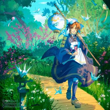 1girl animate_object apron bamboo_staff black_bow blue_dress blue_leg_warmers blue_sky boardwalk bow cloud commentary_request dappled_sunlight day dress elairin flower flying_paper foliage forest french_commentary frilled_dress frills full_body geta grass headscarf holding holding_staff instagram_username lantern leg_warmers long_hair looking_at_viewer moss nature orange_eyes orange_hair origami original outdoors pantyhose paper paper_crane paper_lantern parted_lips pink_bow pink_flower scenery shirt sky smile solo staff stone_lantern sunlight tree twitter_username walking walking_towards_viewer white_apron white_flower white_headscarf white_pantyhose white_shirt wide_sleeves