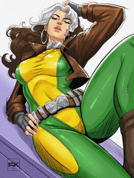 1girl belt bodysuit breasts brown_hair colored_bangs covered_eyes earrings green_bodysuit green_eyes green_headband headband helmet highres jacket jewelry large_breasts leather leather_jacket long_hair marvel marvel_rivals multicolored_bodysuit multicolored_hair rkreates rogue_(x-men) solo superhero_costume two-tone_bodysuit two-tone_hair x-men yellow_bodysuit