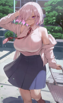 1girl absurdres blue_skirt breasts collared_shirt fate/grand_order fate_(series) glasses hair_over_one_eye highres kakeku large_breasts long_sleeves looking_at_viewer mash_kyrielight necktie off_shoulder one_eye_covered outdoors parted_lips purple_eyes red_necktie shirt shirt_tucked_in short_hair skirt smile solo striped_clothes striped_necktie suitcase white_shirt