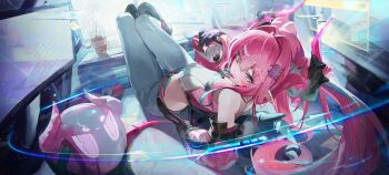 Rule 34 | 1girl, absurdres, aqua hair, arknights, arknights: endfield, black gloves, black horns, breasts, bubble tea, can, chowol, commentary, cup, detached sleeves, disposable cup, drink can, drone, gloves, hair on horn, highres, holding, holding can, horns, large breasts, long hair, looking at viewer, monitor, multicolored hair, multicolored horns, pants, pink hair, pink horns, pink tube top, pointy ears, solo, strapless, tail, tongue, tongue out, tube top, two-tone hair, two-tone horns, very long hair, white pants, yvonne (arknights)