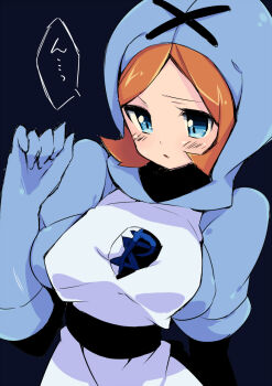 10s 1girl aldith_(pokemon) alternate_color belt blue_eyes blush breasts brown_hair cleavage female_focus nakamura_sandayo nintendo pokemon pokemon_bw solo team_plasma