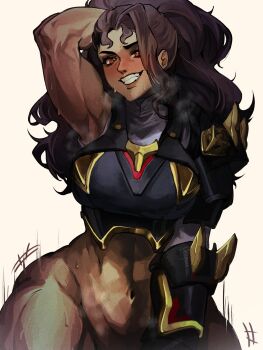 1girl abs arm_behind_head armpits blush breasts brown_hair commentary english_commentary feiyuu hetero highres implied_sex large_breasts long_hair looking_at_viewer midriff muscular muscular_female navel overwatch ponytail red_eyes simple_background smile solo vendetta_(overwatch)