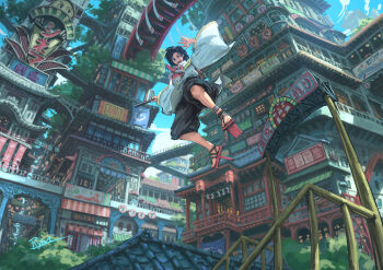 1boy :d absurdres arch black_hair black_shorts bridge building commentary_request day fantasy from_below geta hanging_lantern highres holding lantern looking_down midair open_mouth original outdoors paper_lantern people railing rooftop ryon40716441 scenery shorts smile solo_focus tengu-geta town wide_shot wide_sleeves