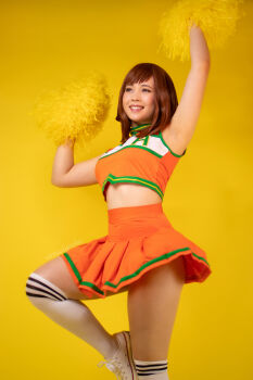 1girl armpits boku_no_hero_academia breasts brown_eyes brown_hair cheerleader contrapposto cosplay_photo female_focus grin lips matching_hair/eyes orange_shirt orange_skirt photo_(medium) pom_pom_(cheerleading) real_life shirt shoes short_hair sidelocks skirt smile sneakers socks solo teeth thighs u.a._cheerleader_uniform uraraka_ochako uraraka_ochako_(cosplay) virtualgeisha white_socks yellow_background